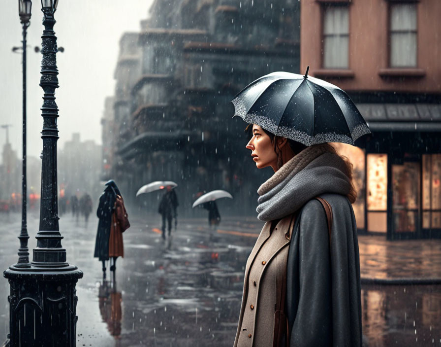 Person under umbrella on rainy city street with pedestrians and buildings.