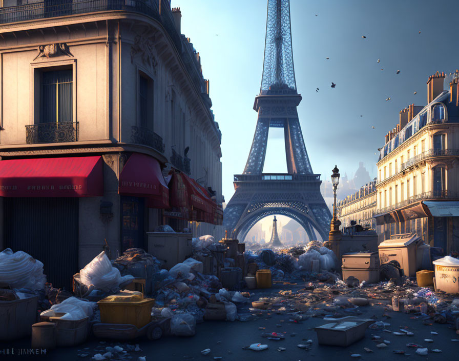 Digital artwork of cluttered Parisian street with garbage piles, Eiffel Tower, and dusky