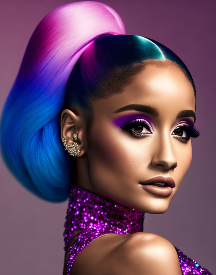 Portrait of Woman with Purple-to-Blue Ombre Ponytail & Dramatic Makeup