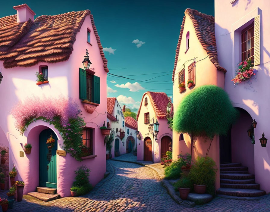 Colorful Village Street with Pink-Hued Houses and Cobblestone Path