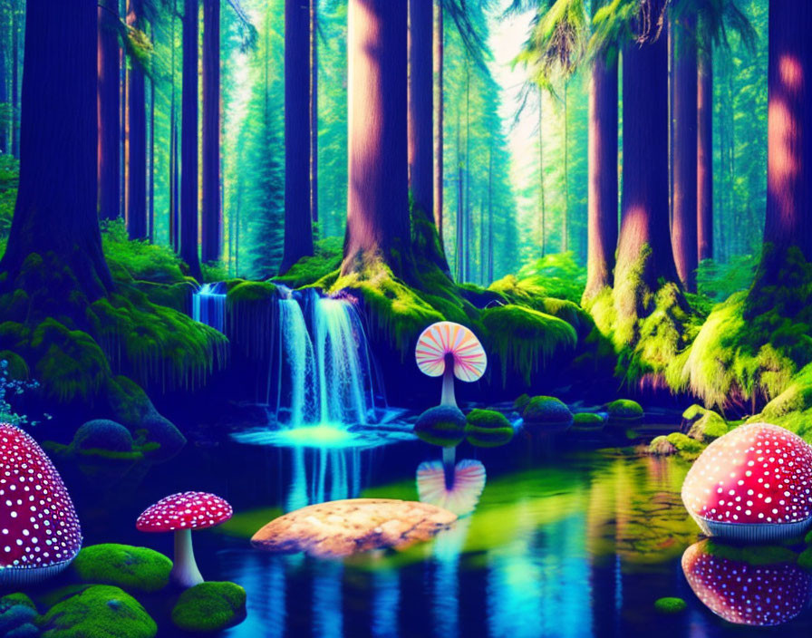 Surreal forest scene with oversized mushrooms, waterfall, and colorful peacock in mystical blue light