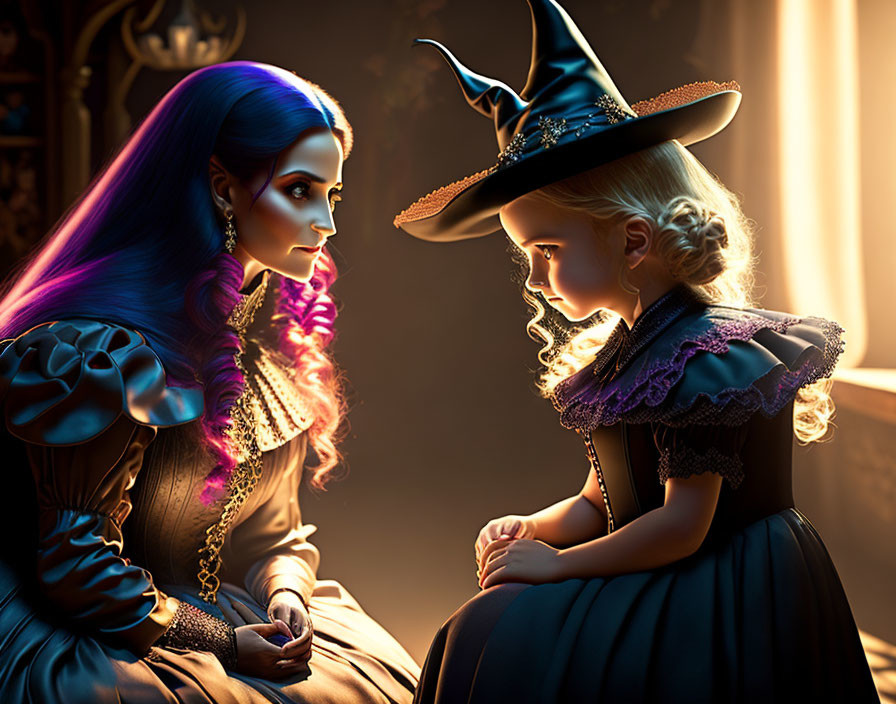 Purple-haired woman in lavish attire meets young girl in witch costume under warm light