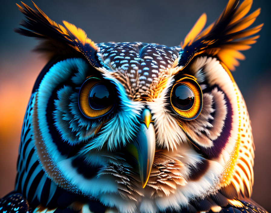 Detailed close-up of vibrant owl with striking yellow eyes and intricate plumage.