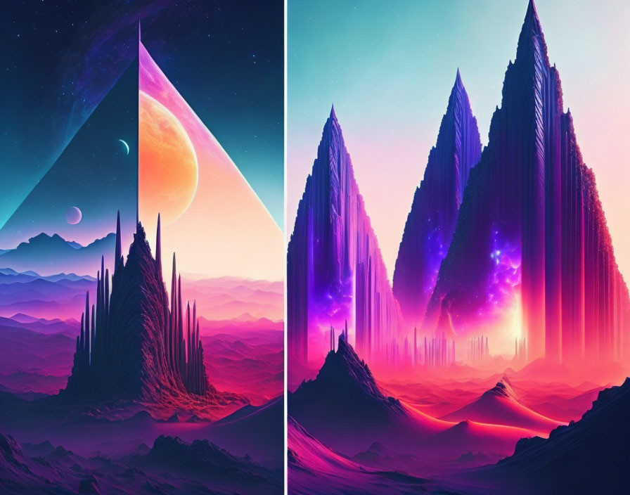 Surreal landscapes with spire-like formations under starry sky