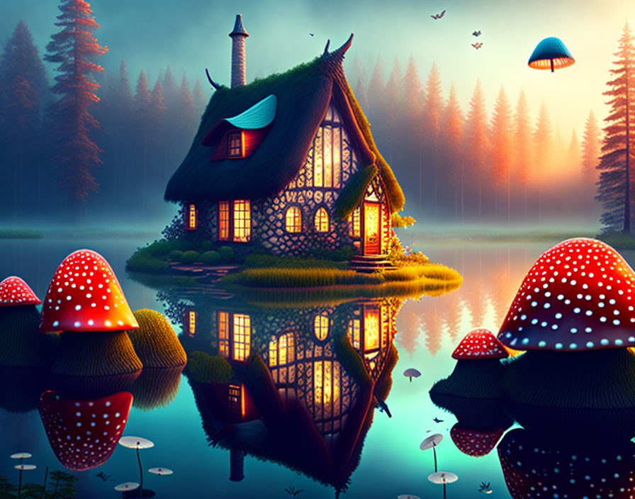 Illustration of Thatched-Roof Cottage on Island with Giant Red Mushrooms and Forest at Twilight