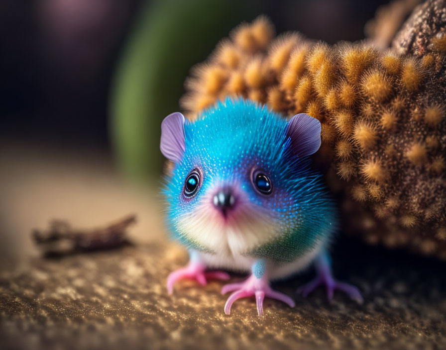 Blue furry face, big eyes, pink limbs, spiky brown back - whimsical hybrid creature