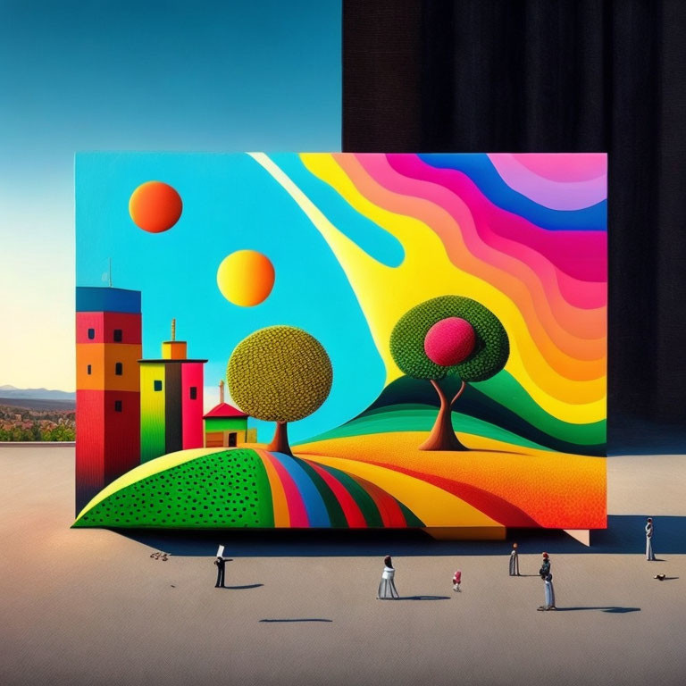 Vibrant surrealist painting with whimsical trees on easel observed outdoors