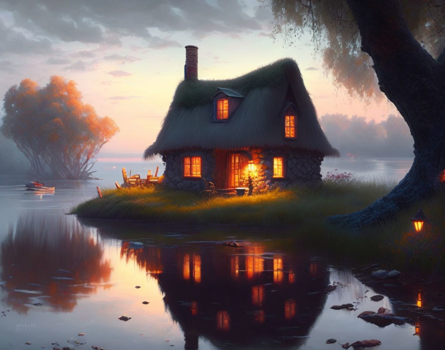 Tranquil Lake Thatched Cottage Twilight Scene
