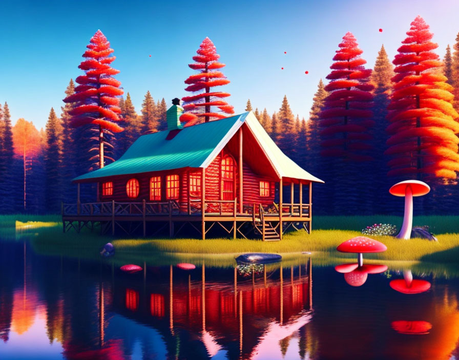 Fantasy cabin by lake with red trees, mushrooms, and floating leaves