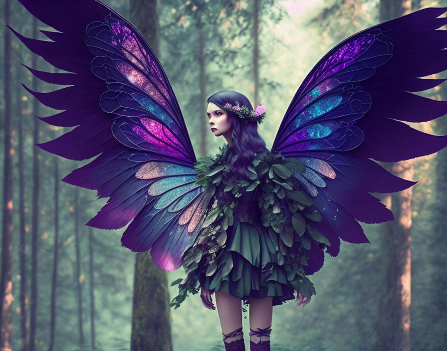 Person in Wooded Area with Elaborate Butterfly Wings and Leafy Costume