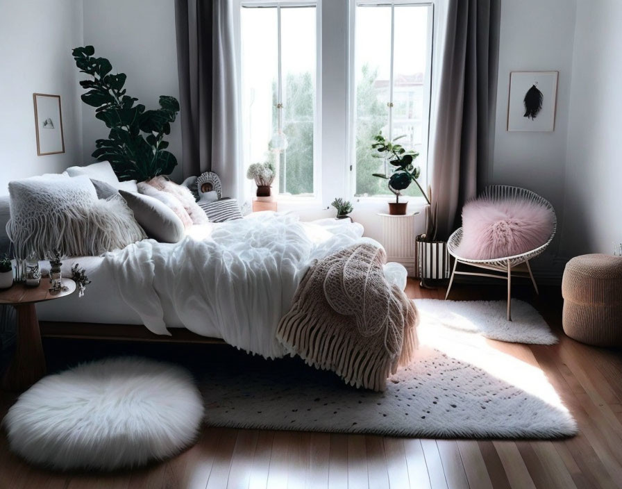Inviting Bedroom Decor with Plush Textiles & Potted Plants