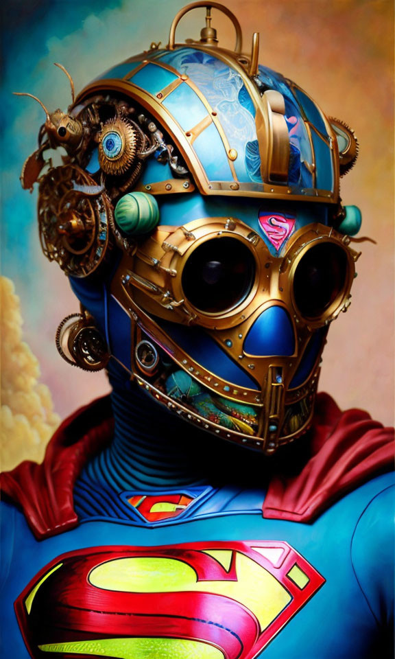 Steampunk Superman Helmet with Gears and Pipes on Cloudy Background
