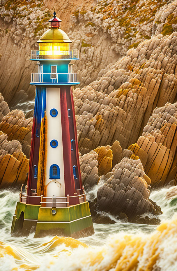 Vibrant lighthouse on rugged cliffs with crashing waves and warm light