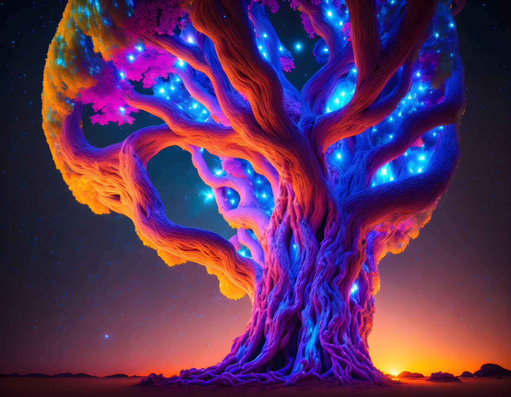 Colorful digital artwork: Tree in blue and purple hues under starry sky & warm sunset.