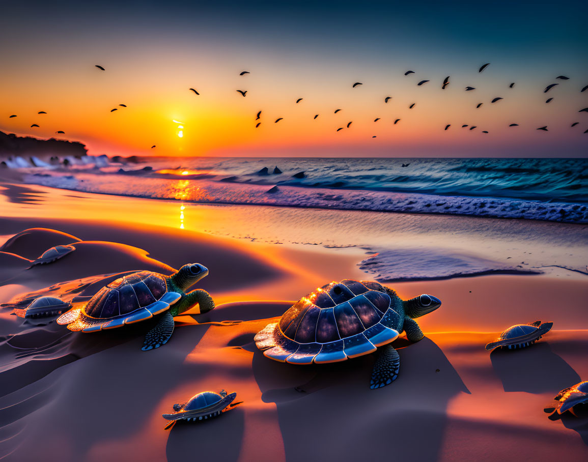 Turtles on Beach at Sunset with Birds and Ocean Waves