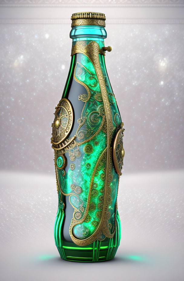 Digitally rendered steampunk-style bottle with brass gears and emerald green glass on shimmering background