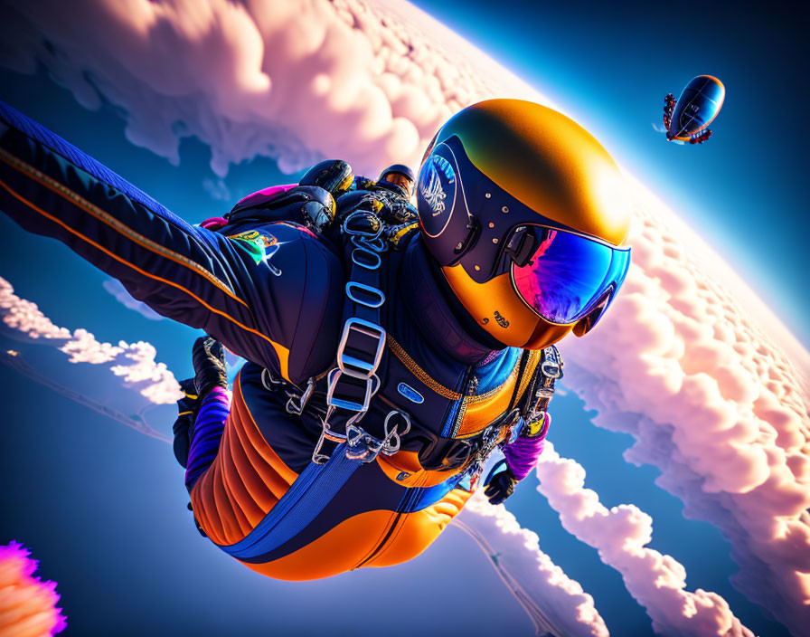 Colorful skydiver freefalling with hot air balloon in distance