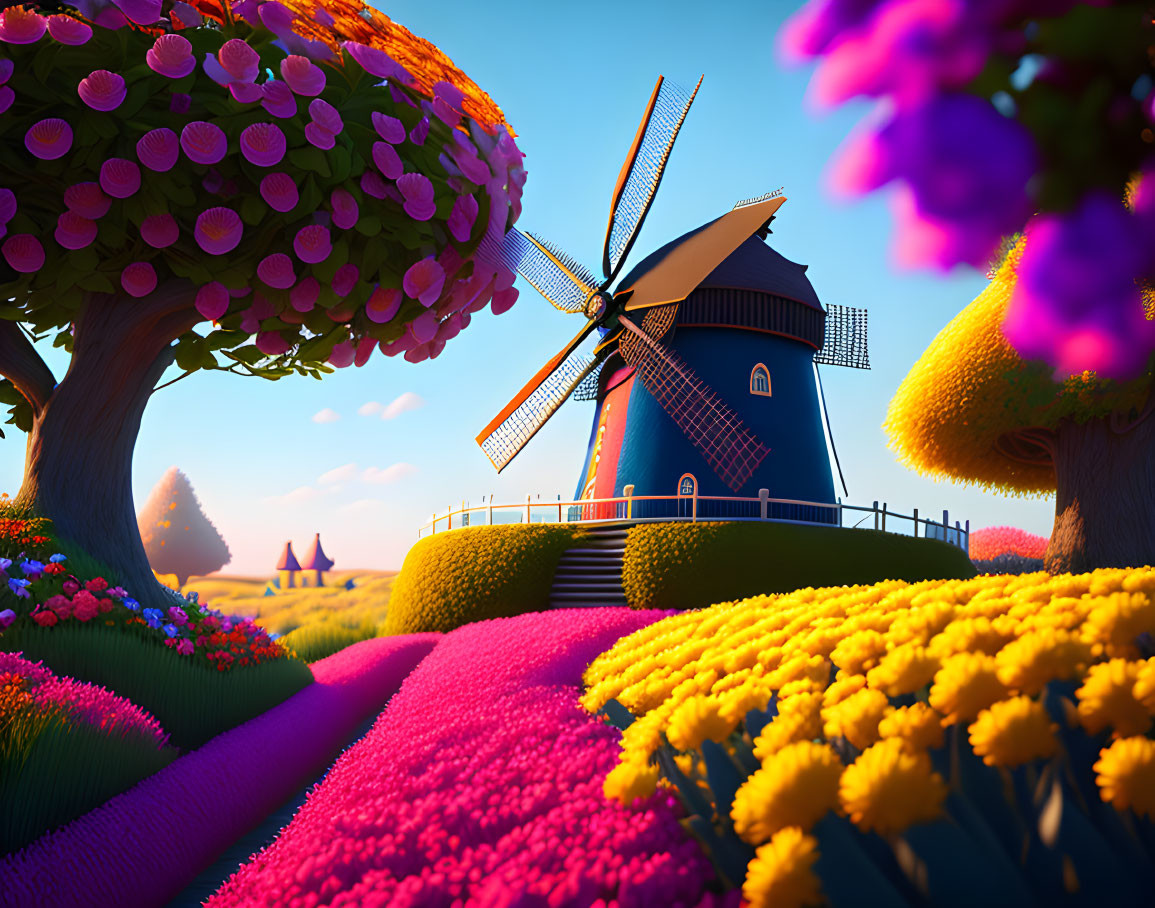 Colorful landscape with traditional windmill and vibrant flowers under blue sky