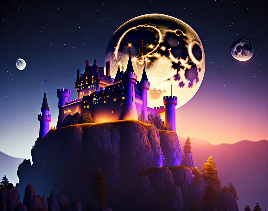 Fantastical castle on cliff under starry sky with moons and sunset