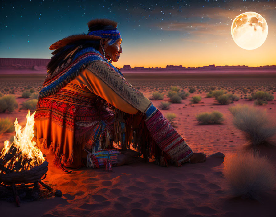 Native American person in traditional attire by campfire under starry sky