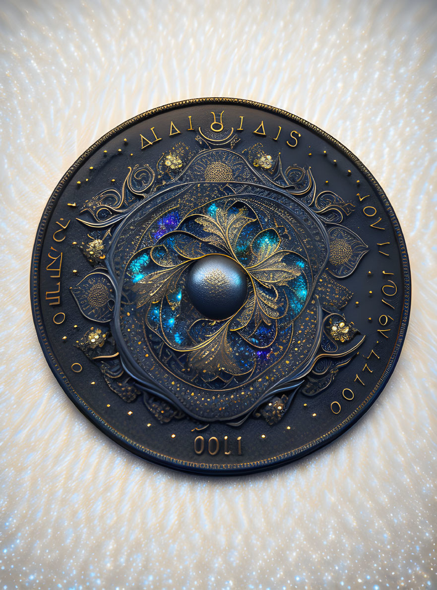 Intricate Gold and Blue Designs on Circular Object
