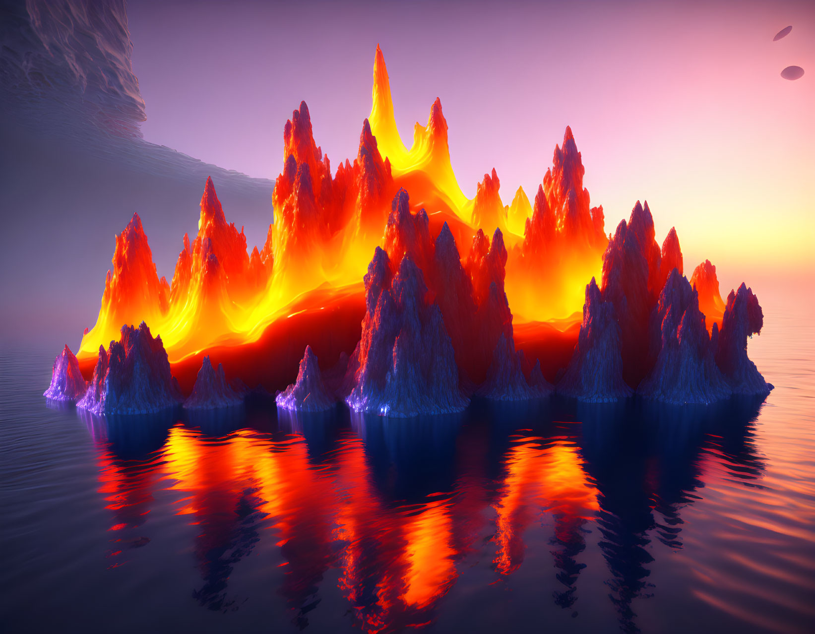 Fiery lava formation landscape with purple sky
