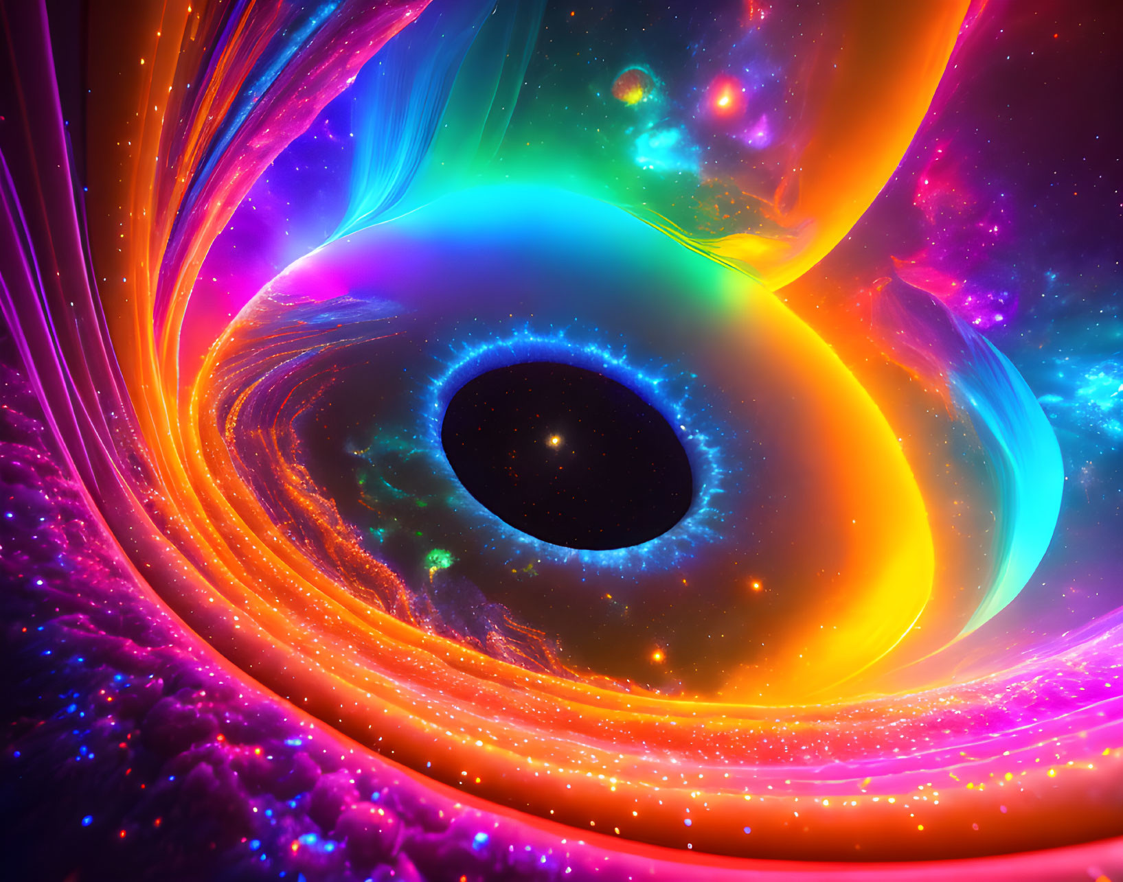 Colorful digital artwork: Black hole with cosmic nebulae in star-filled universe