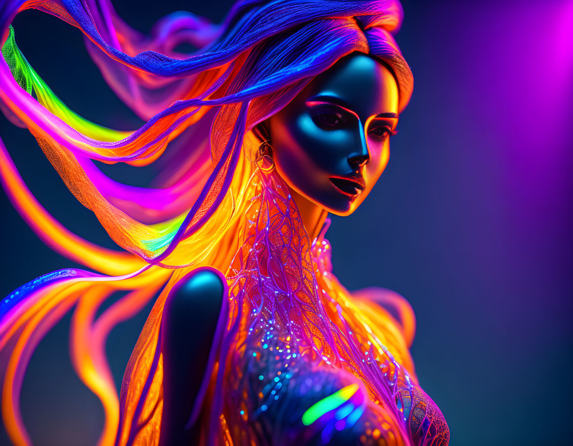 Colorful 3D female figure with glowing skin and flowing hair in neon hues