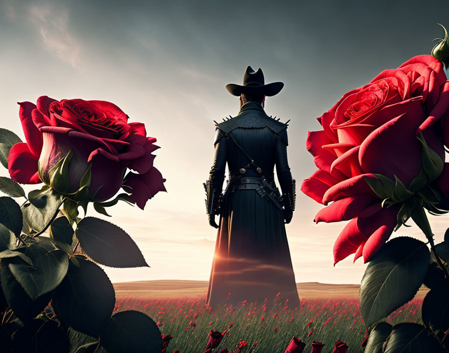 Person in cowboy hat in surreal red poppy field at twilight