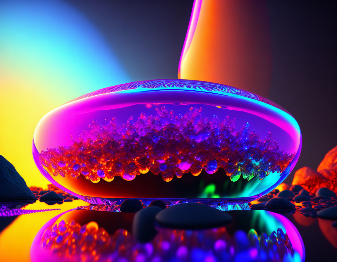 Colorful 3D-rendered abstract UFO in neon-lit landscape