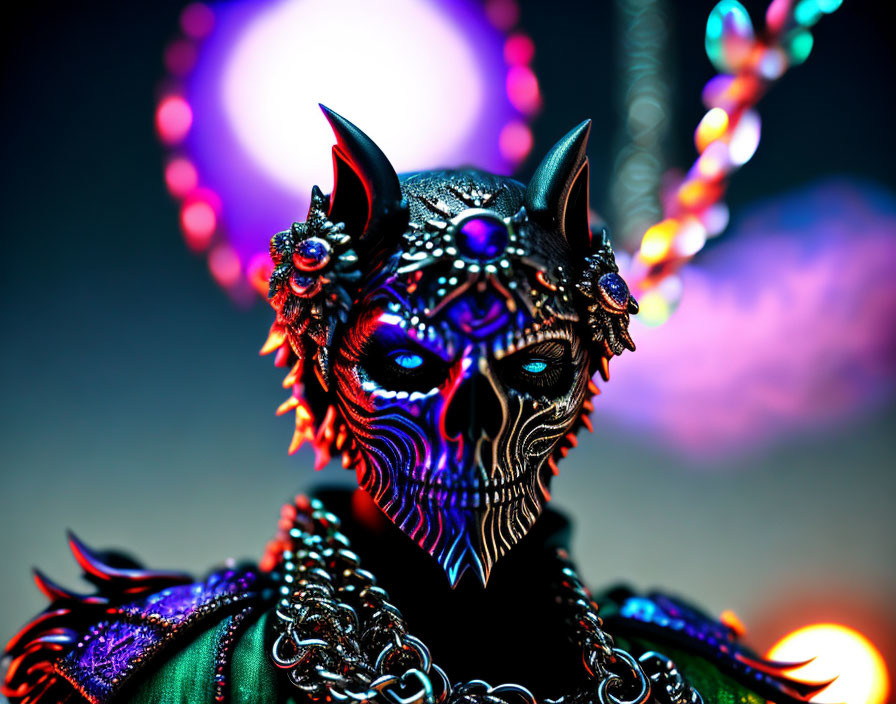Colorful close-up of person in intricate demonic mask with jewelry on bokeh background