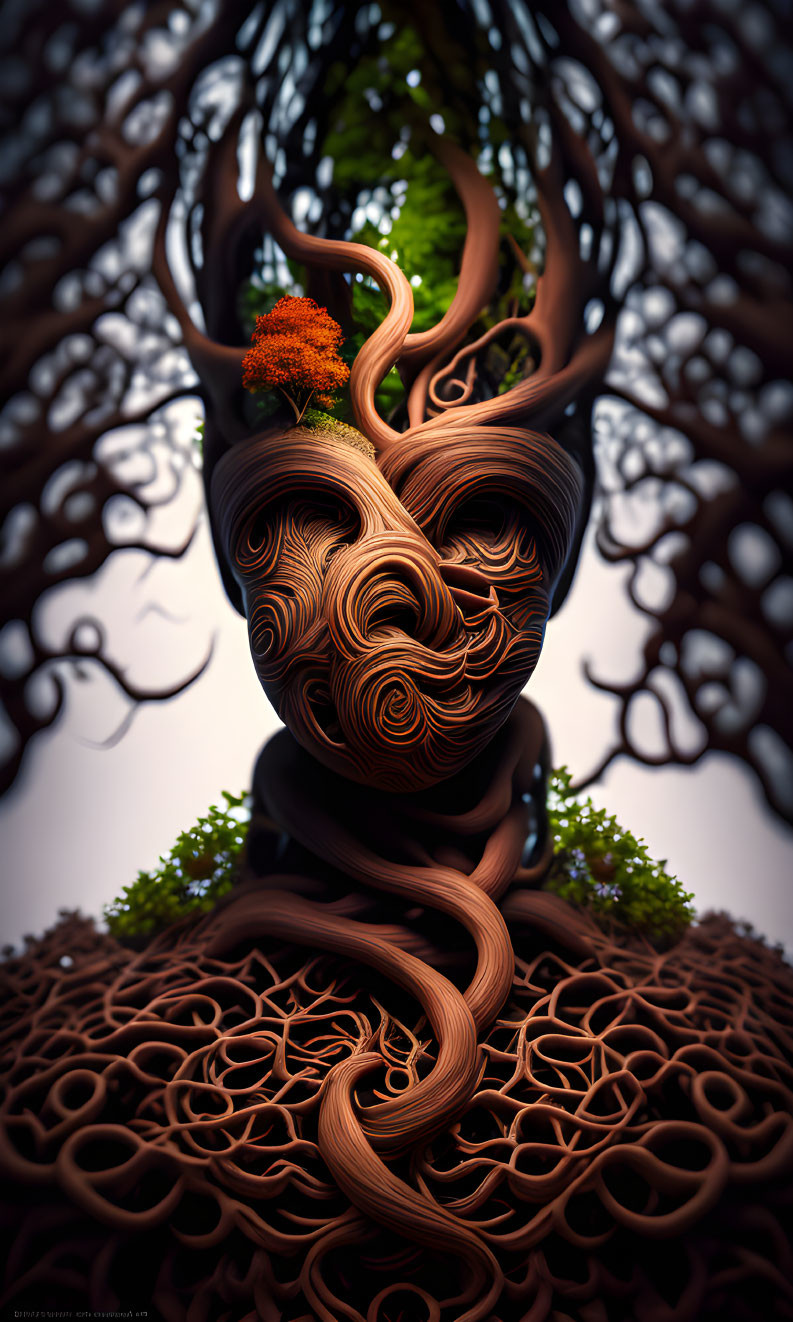 Surreal 3D render: figure with tree-like hair & swirling features