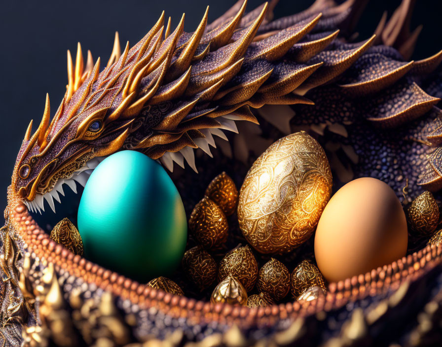 Fantasy image: Protective dragon with eggs and intricate designs on dark background