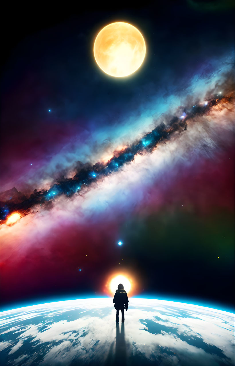 Person admires moon, galaxy, and radiant light in cosmic scene