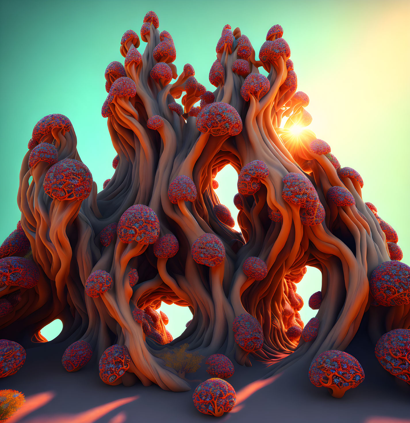 Surreal illustration of vibrant tree with coral-like growths