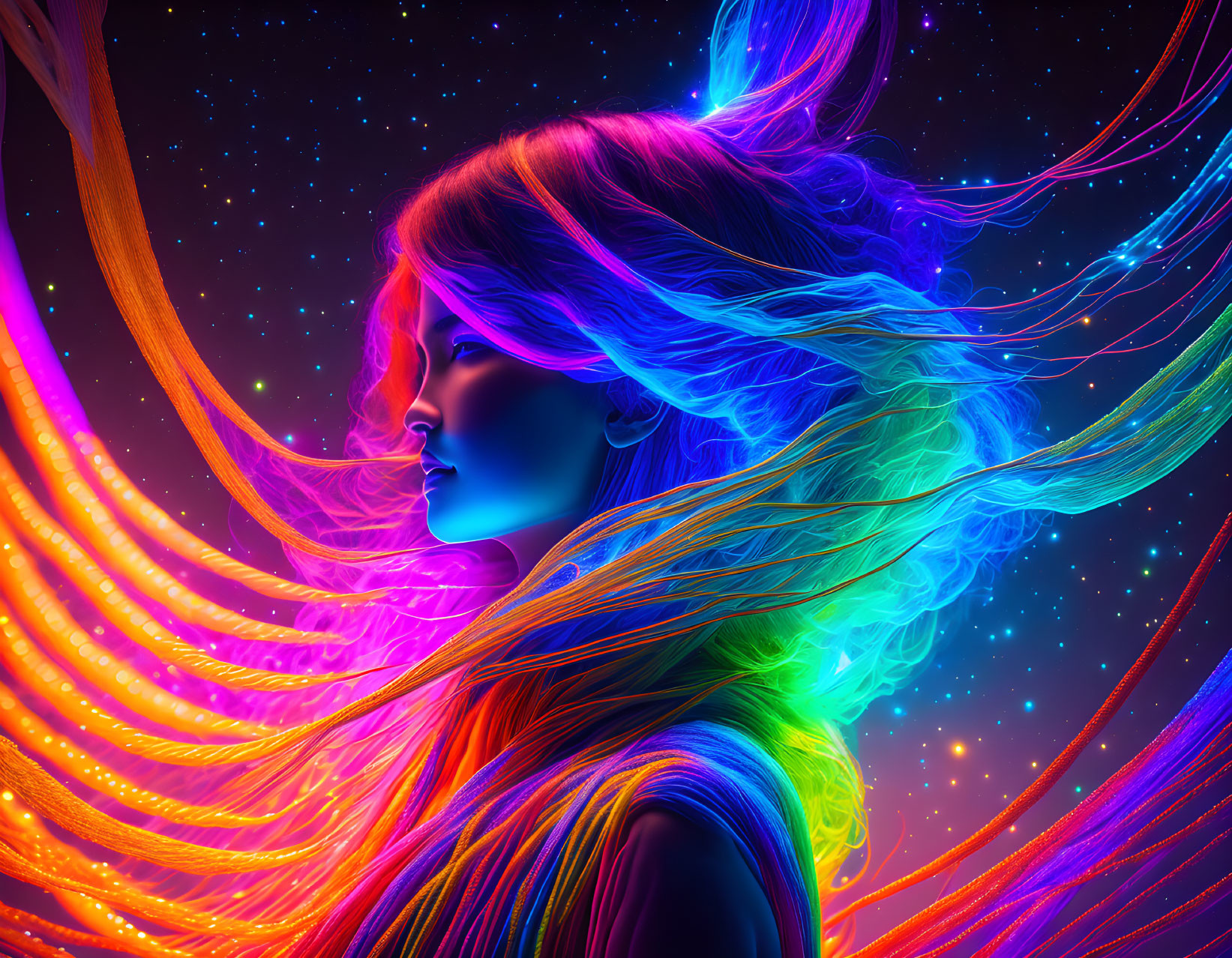 Colorful flowing hair merges with cosmic background in vibrant profile.