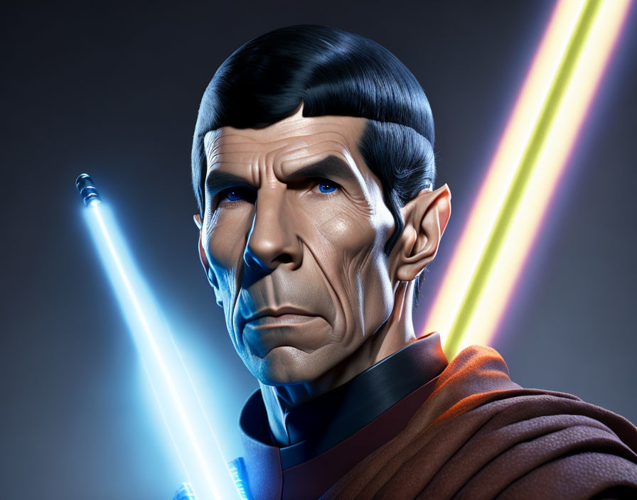 Male character with pointed ears and raised eyebrows in colorful light beams