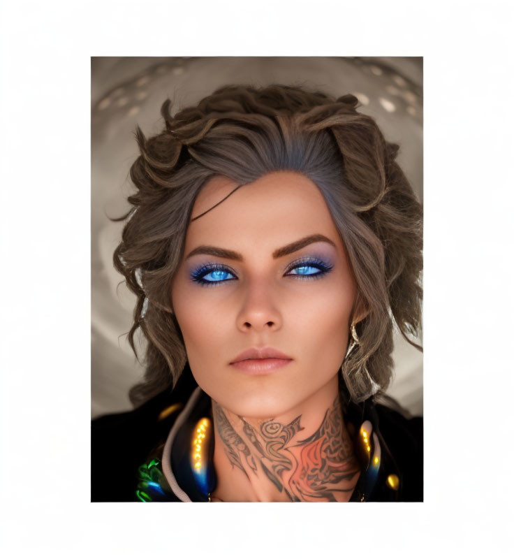 Portrait of a person with blue eyes, short wavy hair, eyeshadow, and neck tattoo