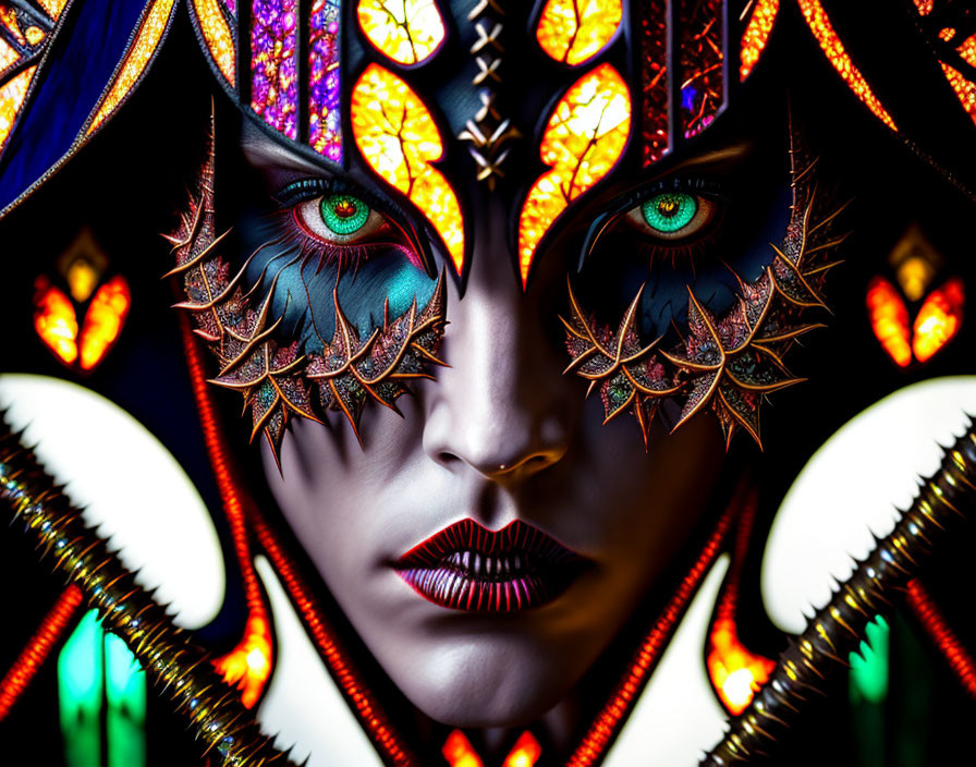 Elaborate colorful makeup and headgear with stained-glass effect