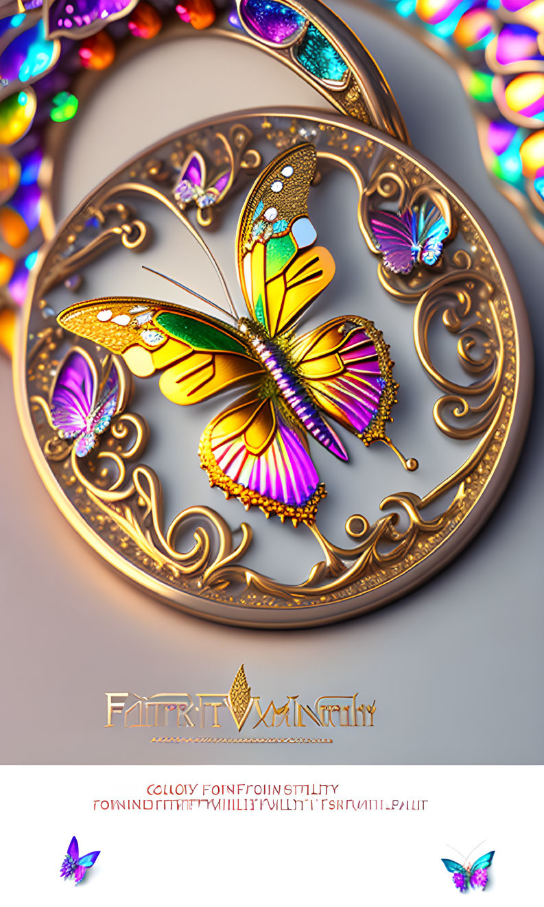Golden Pendant with Stylized Butterfly Design and Decorative Background