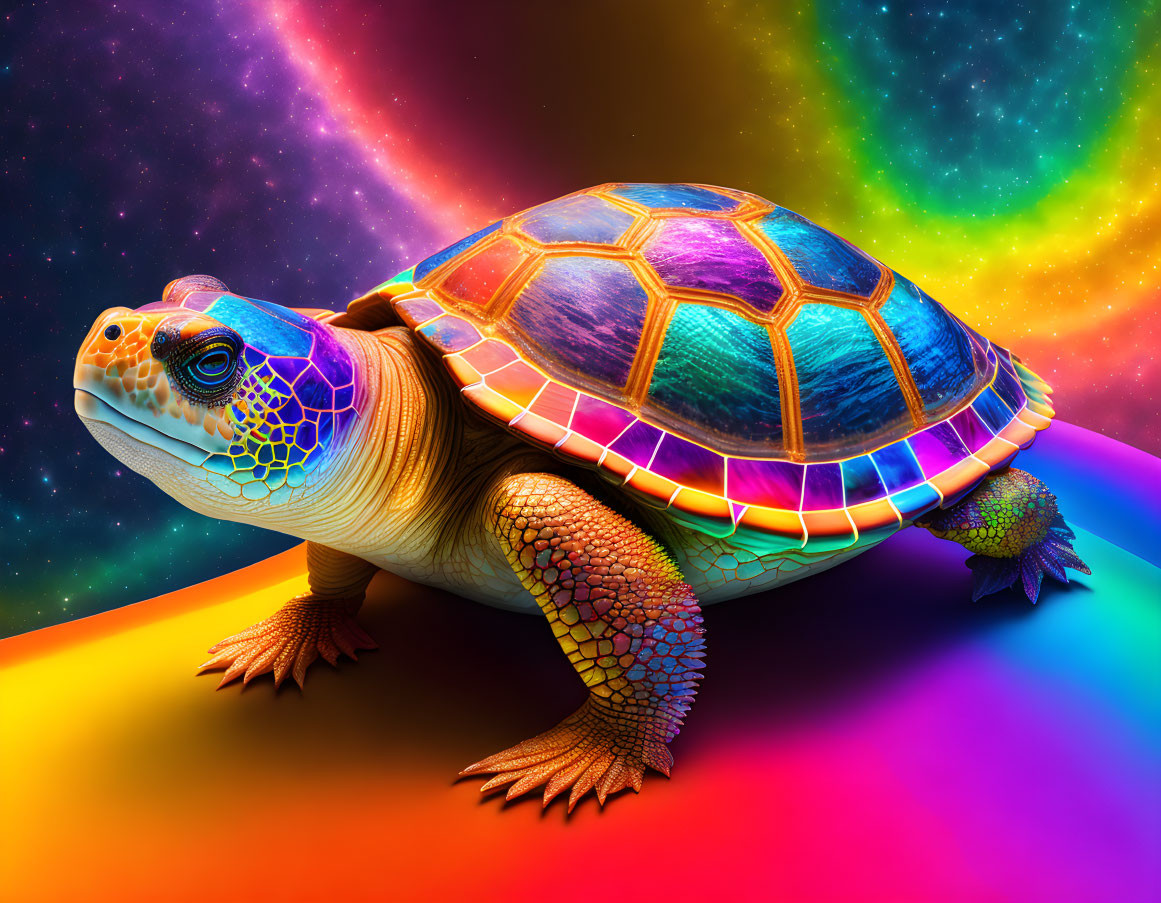 Colorful Turtle with Psychedelic Rainbow Background