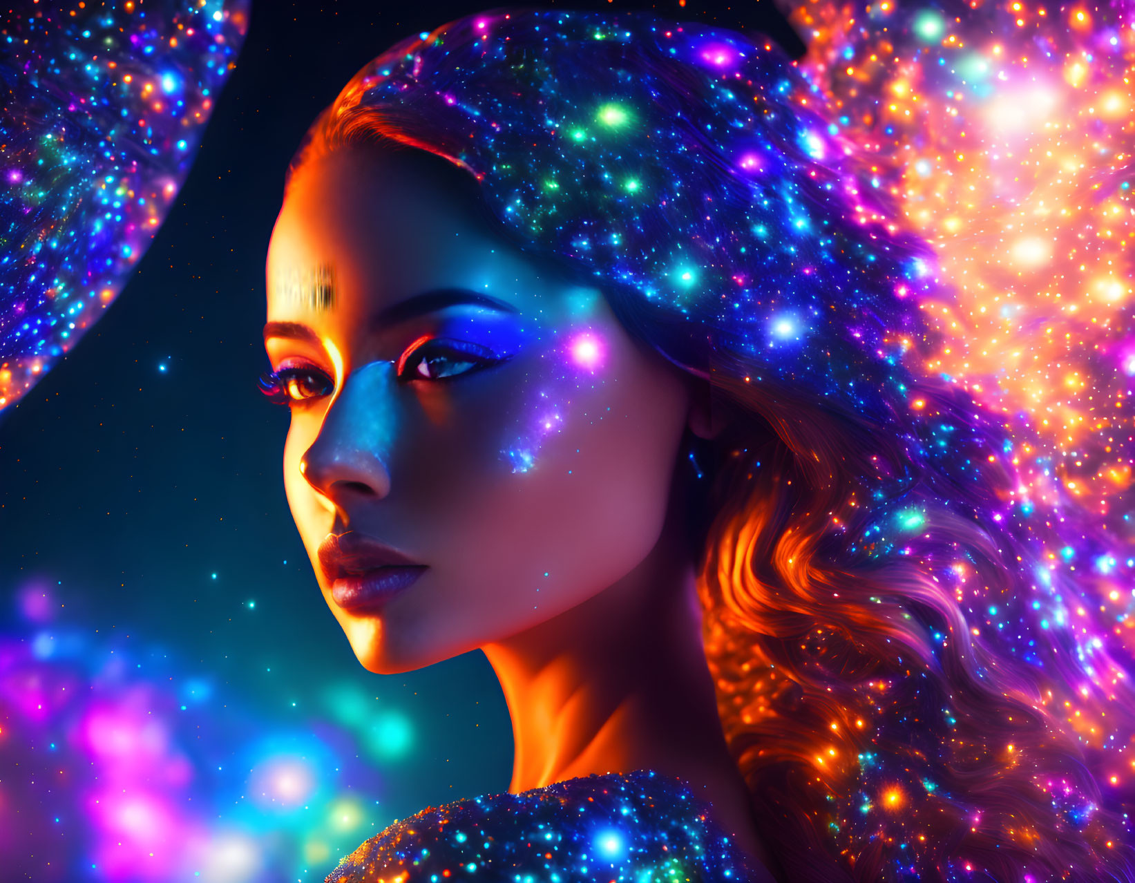 Cosmic-themed woman with galaxy makeup and starry lighting