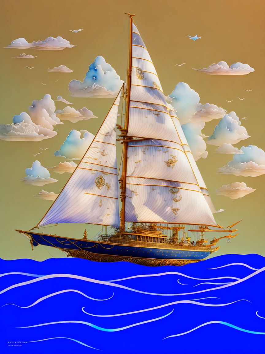 Sailboat illustration with white sails on blue sea and sky
