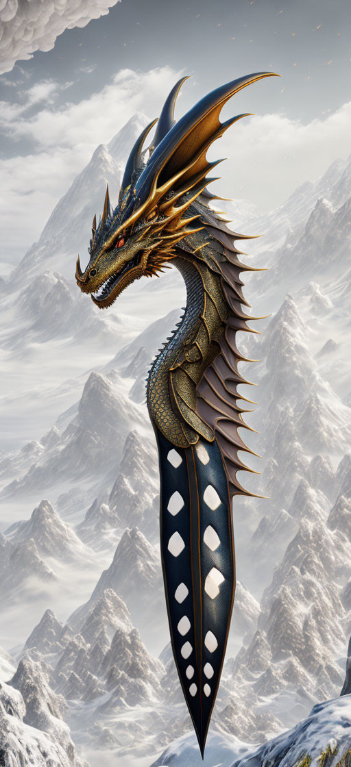 Golden-horned dragon in front of snowy mountains with patterned wings