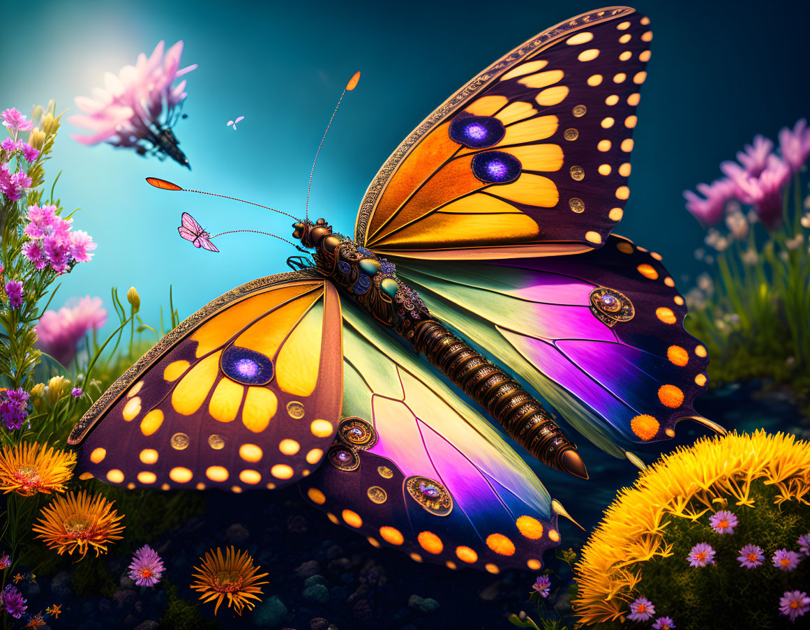 Colorful Butterfly Illustration with Floral Background and Insects
