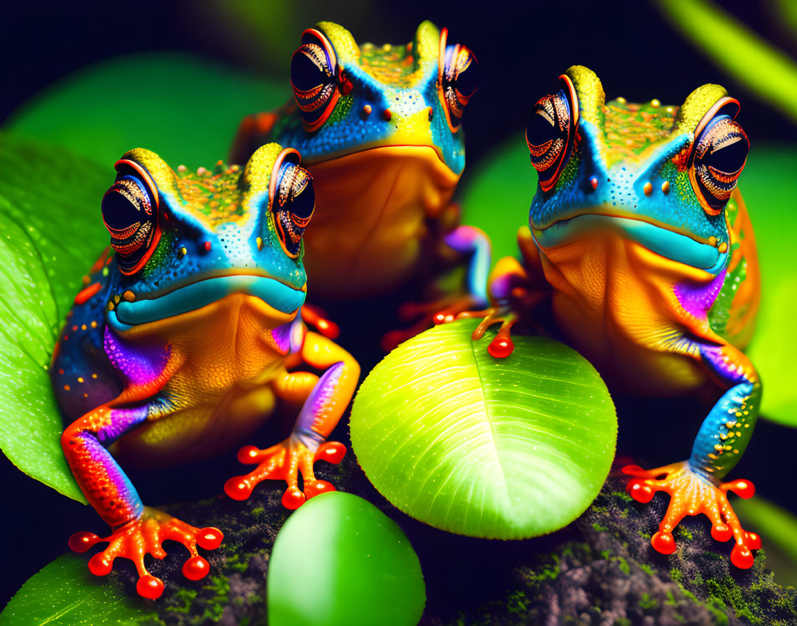 Vibrant Blue and Orange Stylized Frogs on Green Leaves