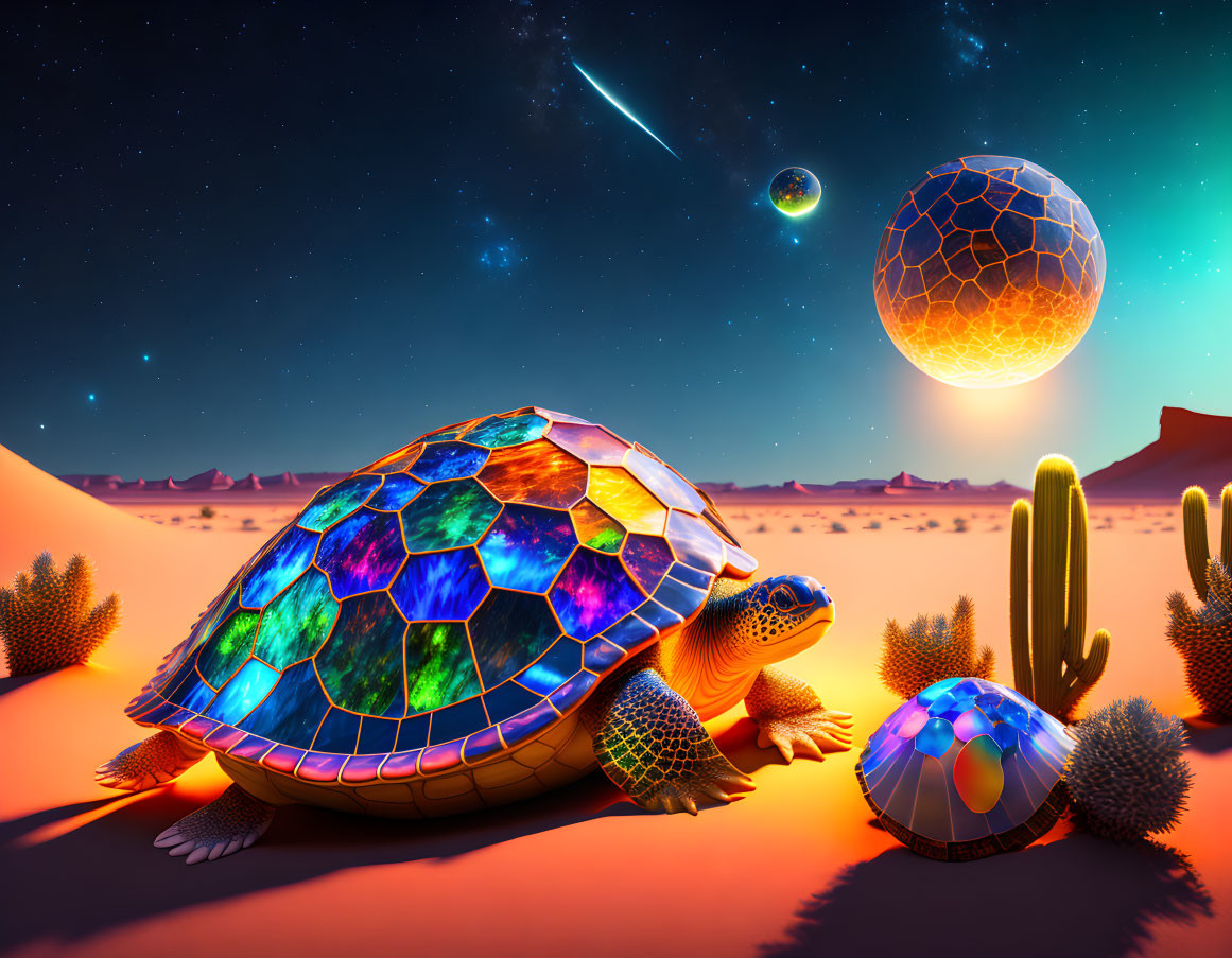 Colorful Tortoise with Mosaic Shell in Starry Sky Scene