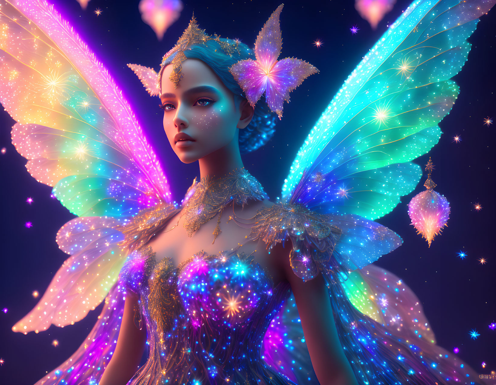 Colorful Fairy with Multicolored Wings in Jeweled Outfit on Starry Night