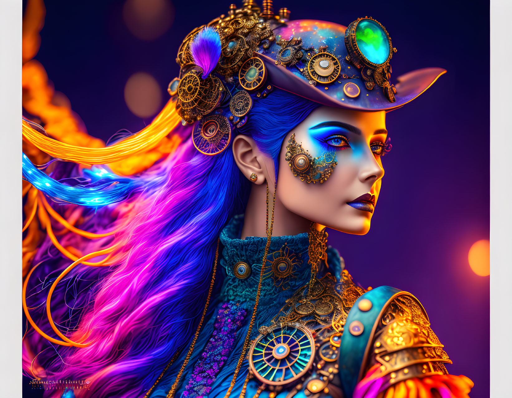 Colorful digital art: Woman with blue skin, steampunk hat, gear accessories on purple background