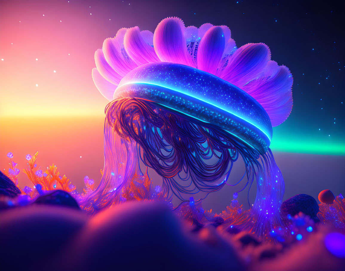 Neon jellyfish digital art with galaxy pattern on alien landscape